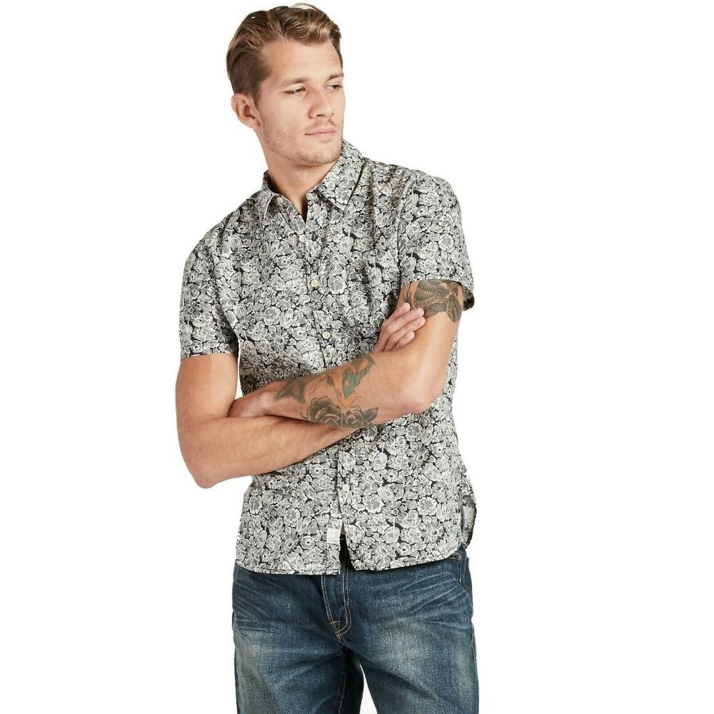 Lucky Brand Men's Pasadena Button Front Black Gray Short Sleeve Shirt Size Large